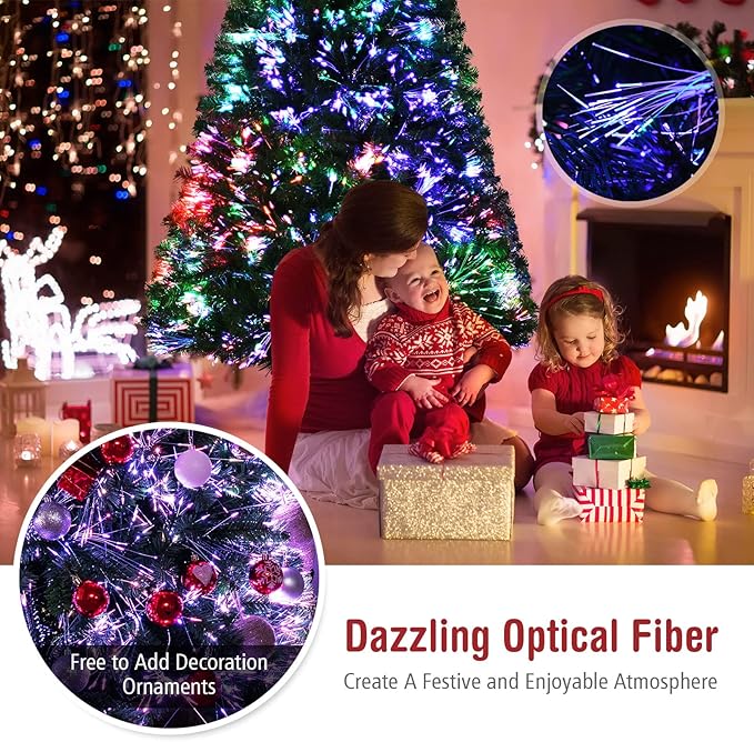 Happygrill 6FT Fiber Optic Christmas Tree, Artificial Spruce Tree Pre-lit Green Xmas Tree with Metal Stand, 617 Branch Tips, Full Tree for Holiday Decoration