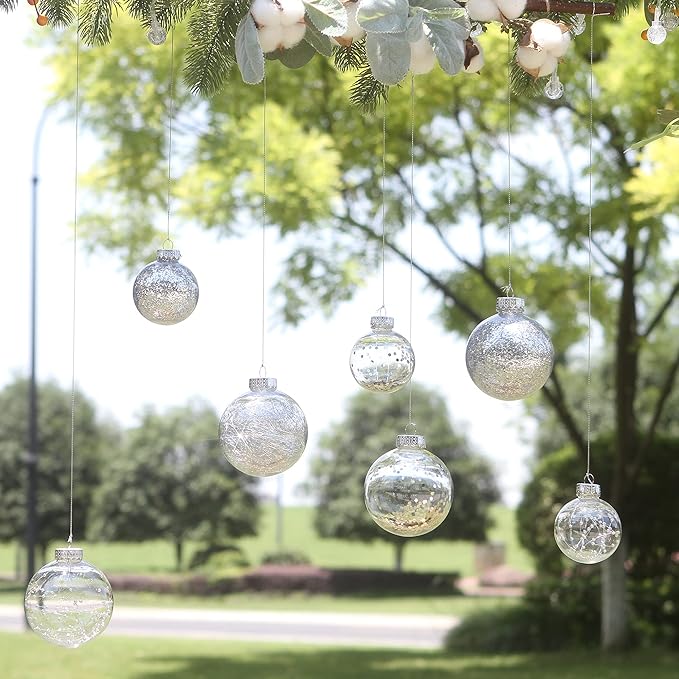 Sea Team Christmas Baubles Set Clear Plastic Shatterproof Multi-Size Decorative Christmas Baubles with Stuffed Delicate Decorations (25 Pieces, Silver)