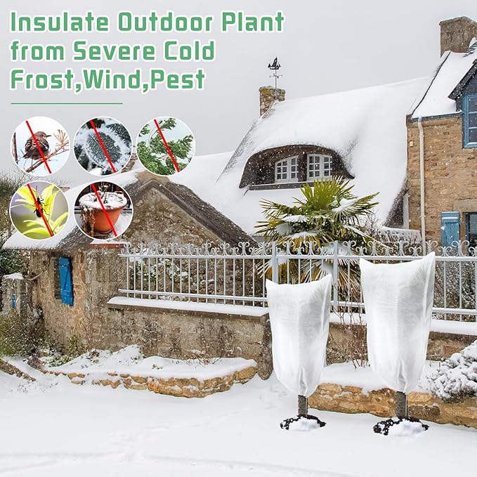 4 Pcs Plant Covers Freeze Protection 2 Size 47" x 32" and 71" x 47" Reusable Plant Protector with Zipper and Drawstring, Winter Bush Covers Freeze Protection from Cold Sun Frost Wind(White)