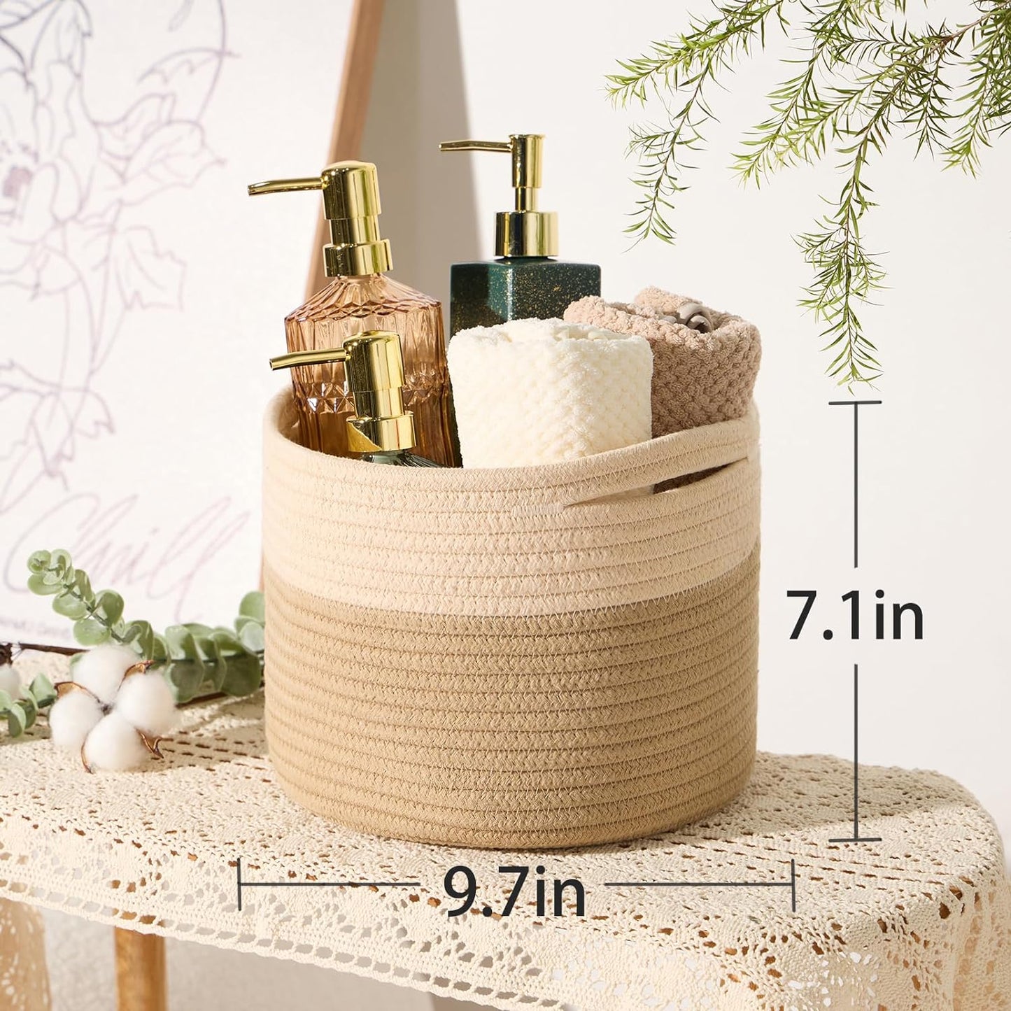 Small Basket for Organizing | Cube Shelf Closet Storage Baskets | 9.7×9.7×7.1” | Woven Rope Gift Basket | Nursery | Round 3 Packs Tan
