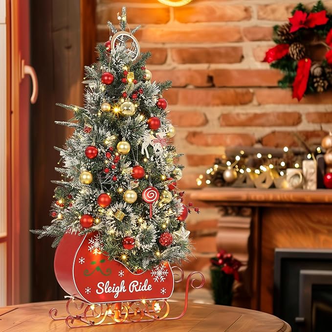 GarveeHome 3 ft Christmas Tree with 78 Lights, Pre-Lit Artificial Desktop Xmas Tree with 8 Mode Includes Red Berries & Sleigh Base,Christmas Decoration for Home, Office,1 PCS