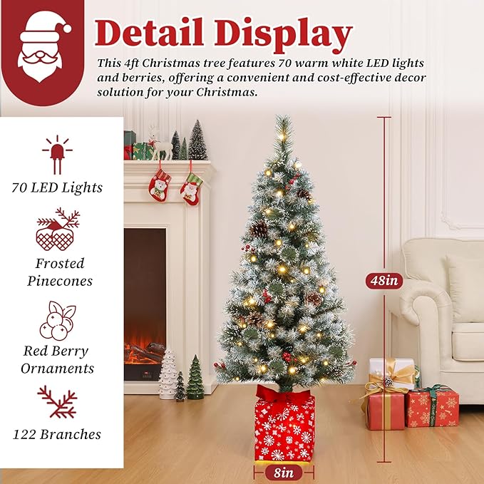 Brightever 4FT Artificial Christmas Tree, Pre-lit Small Christmas Trees with Warm White String Lights, Plug in Green Outdoor Frosted Tip Xmas Trees for Front Door, Snowflake Gift Box Base & Ornaments