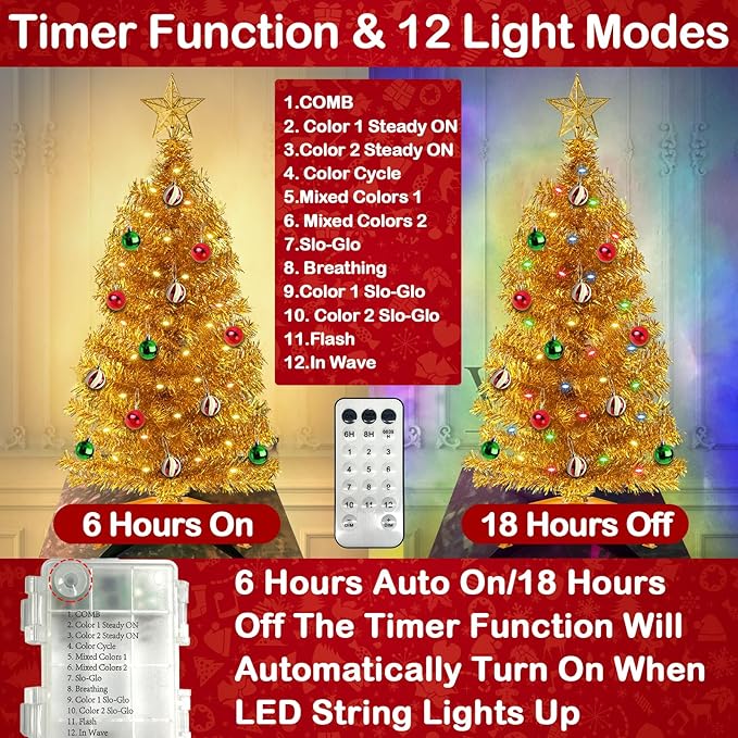 [ Remote Control & 12 Modes ] SURCVIO 3 Ft Christmas Tree with Timer 50 Four Color LED Lights DIY 15 Ball Ornaments Star Artificial Xmas Tree Indoor Outdoor Home Holiday Decorations (Gold)