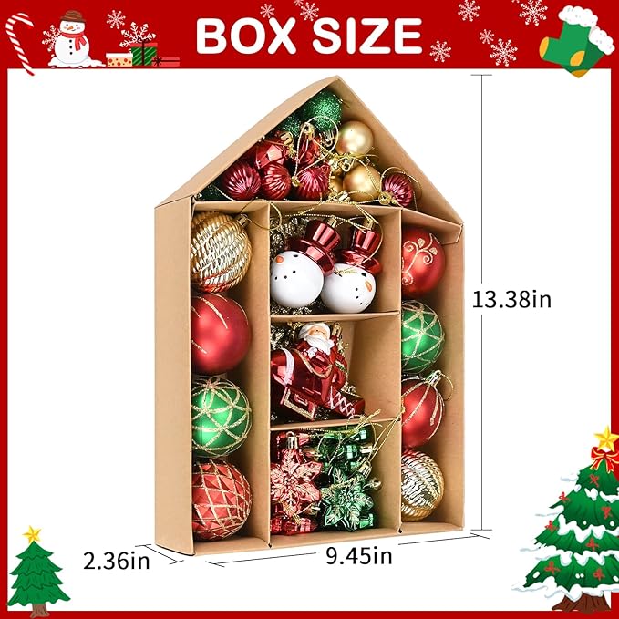 70 Pcs Christmas Ball Ornaments Set，Shatterproof Gold Ornaments for Xmas Tree，Christmas Ball Tree Hanging Ornaments for Christmas Decoration (Red Green)