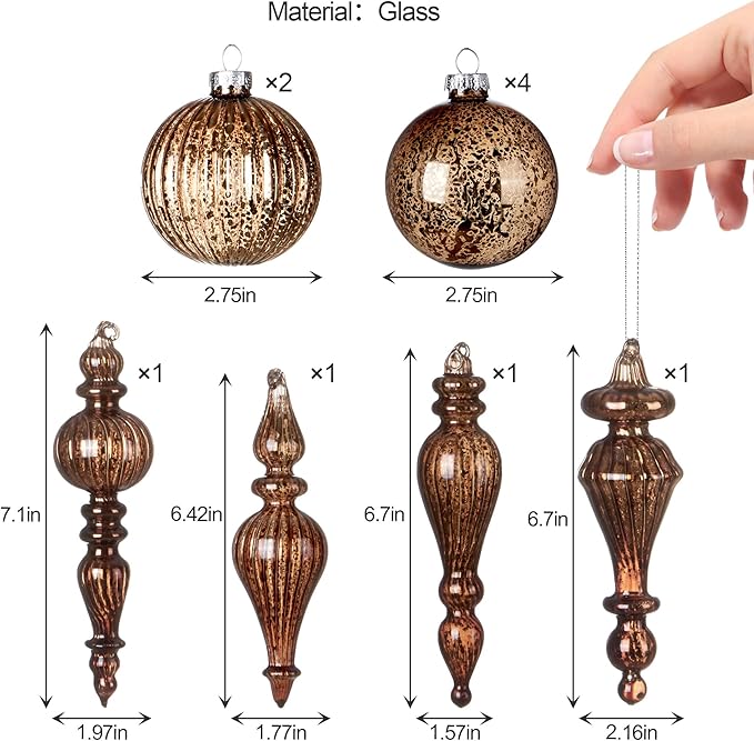 DN DECONATION Mercury Glass Christmas Ornaments, 10pcs Vintage Brown Glass Hanging Balls Finial with Different Shapes for Xmas Tree Decor,Luxury Christmas Baubles for Neutral Holiday Winter Decoration