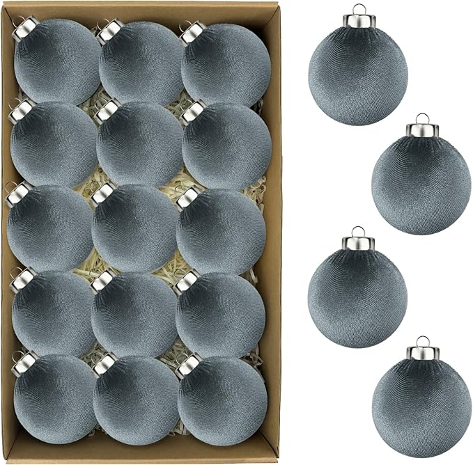 Neutral Velvet Christmas Tree Ornaments Set 3.15 Inch - Gray Xmas Hanging Baubles 15 PCS, Large Flocked Elegant Christmas Ball Ornaments, Shatterproof Decor for Holiday (Gray)