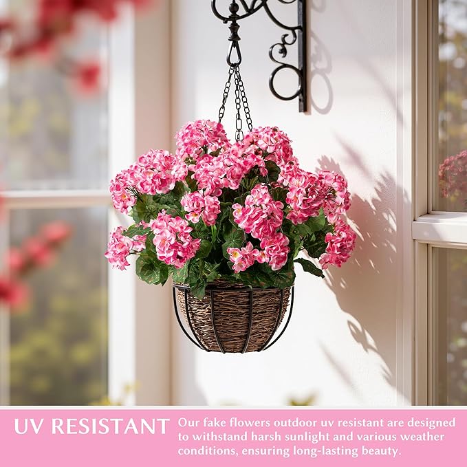 Artificial Geranium Flowers for Outdoors Geraniums Artificial Flowers Realistic Faux Geraniums for Outdoor Planters Silk Geranium Outdoor Fake Flowers Porch Home Kitchen Garden Decor(4PCS，Pink)