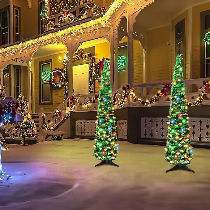 5 FT Pencil Christmas Tree with 90 Colorful Lights, Collapsible Artificial Sequin Pop Up Christmas Tree, Skinny Pencil Tinsel Christmas Trees, Xmas Tree for Home Apartment Basement Fireplace