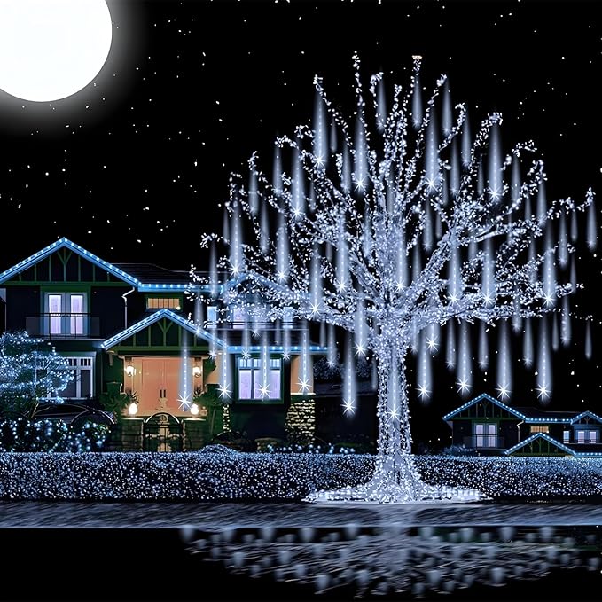 Aukora Christmas String Lights Outdoor, LED Meteor Shower Light 11.8 inch 8 Tubes 192leds, Icicle Snow Falling Lights for Xmas Tree Wedding Party Holiday Garden Thanksgiving Decoration (White)