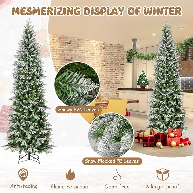 GOFLAME 9 FT Pre-Lit Pencil Christmas Tree Snow Flocked, Slim Artificial Xmas Tree with 1310 Branch Tips, 470 LED Lights, 98 Natural Pine Cones, Hinged Holiday Decoration Tree for Home Office