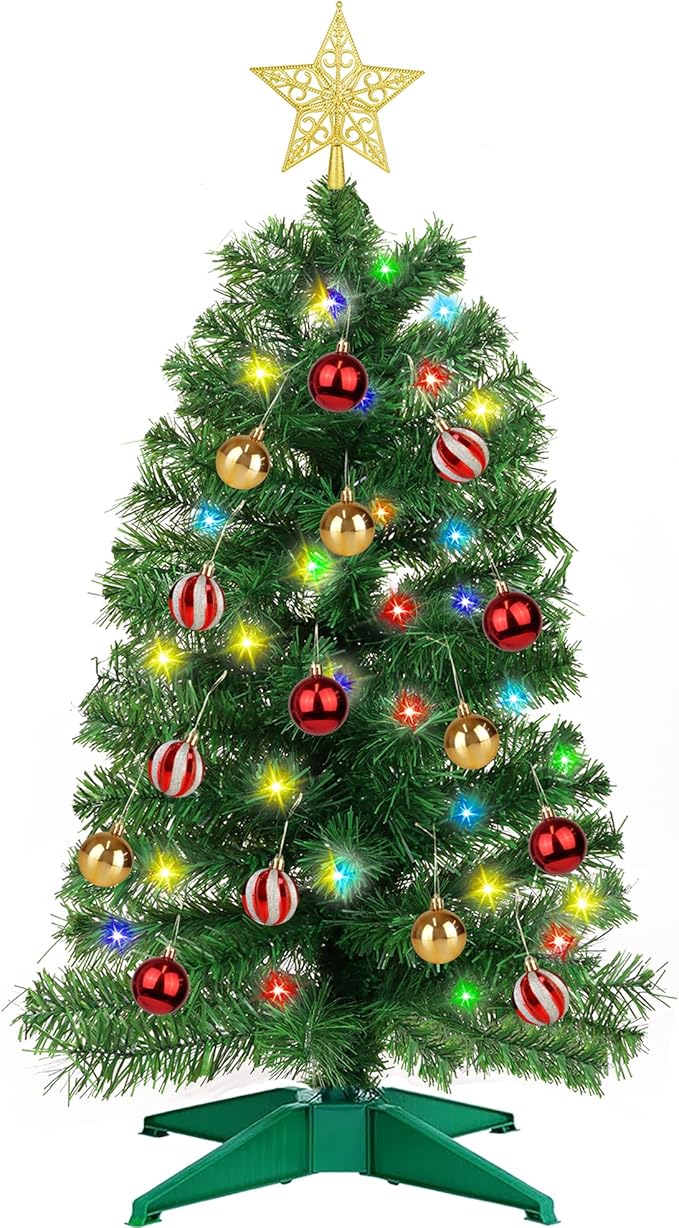 3FT Green Christmas Tree Tinsel with 50 Warm White & Multi Color Fariy Light 3D Star 15 Ball Ornament, 12 Light Modes Timer Battery Operated Small Artificial Full Xmas Tree Table Indoor Holiday Decor