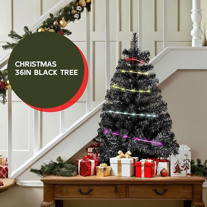 Black 3ft Christmas Tree with Lights, Small 36inch Artificial Tree Mini Table Top Decorations, Xmas Desk Tree with 80 Colored Lights, 200 Branch, Holiday Decor for Home,Indoor Office Tabletop