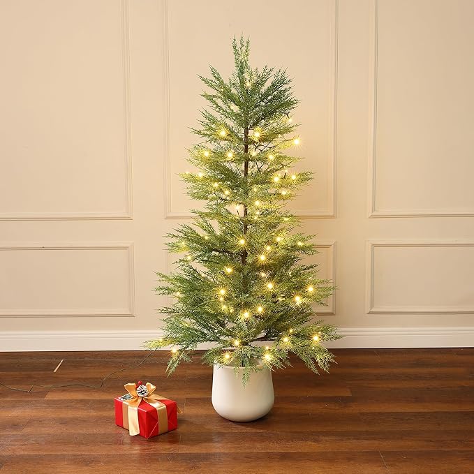 LuxenHome 4.5FT Small Christmas Tree, Potted Slim Artificial Christmas Trees with 100 Warm White LED Lights, Realistic Cedar Prelit Xmas Trees with White Planter Pot for Holiday Display