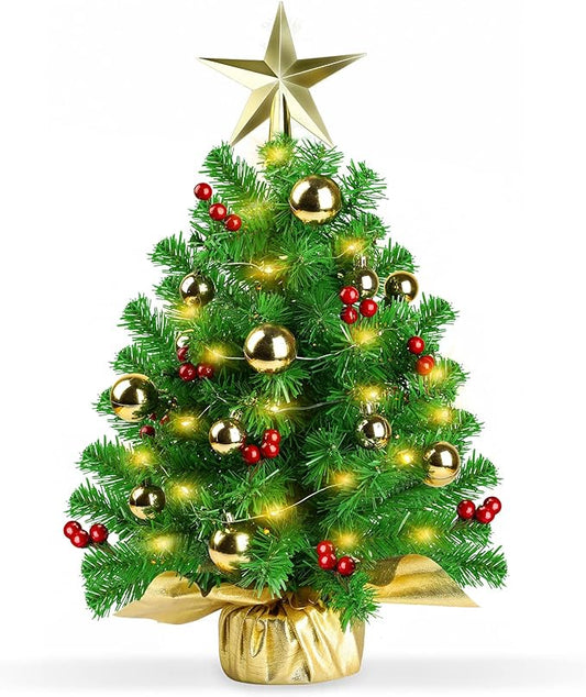 Mini Prelit Christmas Tree, 22" Tabletop Decoration with Warm Lights, Gold Ornaments, Red Berries & Cloth Bag Base