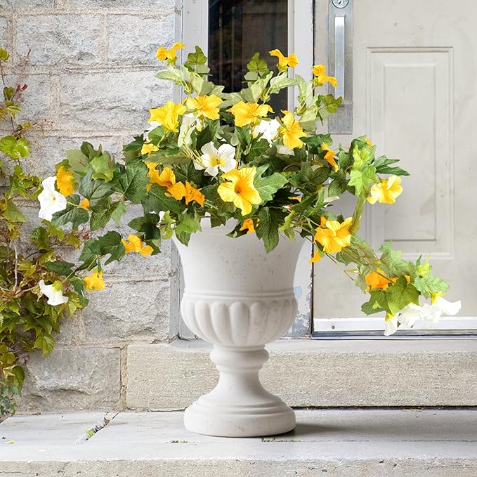 Artificial Morning Glory Fake Flowers for Outdoor Planter Decoration, 2 Pcs Petunias Realistic UV Resistant Faux Silk Flowers for Garden Balcony Porch Indoor Decor (Yellow White)