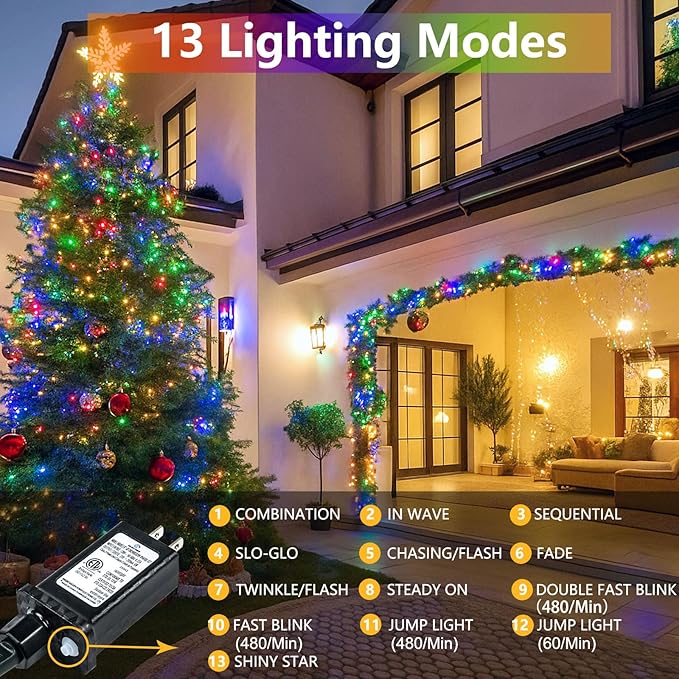 2-Pack 200 LED Christmas Lights for Indoor Outdoor, 66FT Super Bright String Lights Plug in, Waterproof 13 Modes Xmas Twinkle Lights Outdoor for Christmas Decorations Bedroom Xmas Tree (Multicolor)
