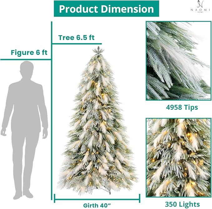 Makenna 6.5ft Snow Flocked Feathery Frosted Prelit Artificial Christmas Tree with 4958 Pampas Tips, 350 Warm Lights and Metal Stand, 40" Wide Realistic Snow Flocked Pine Christmas Tree with Lights