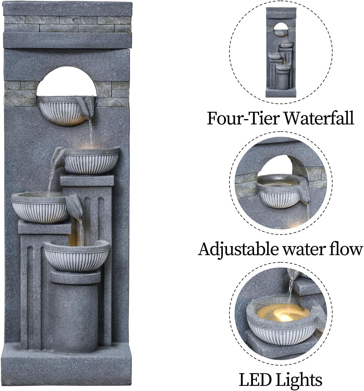 42.52" Outdoor Garden Water Fountain with Lights Floor-Standing 4 Tiers Cascading Large Waterfall Fountain for Patio, Backyard, Deck, Porch and Home Art Decor