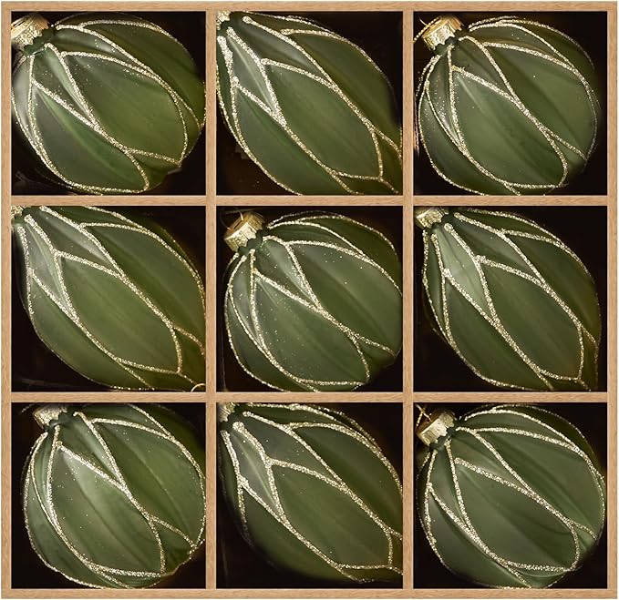 WDS WONDROUS Christmas Ball Ornaments, Vintage Ball & Teardrop Xmas Tree Ornament Set, Hanging Assorted Glass Balls for Holiday Home Party Decor (9Pcs, Sage Green & Gold Line)