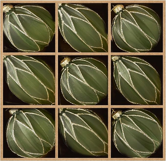 WDS WONDROUS Christmas Ball Ornaments, Vintage Ball & Teardrop Xmas Tree Ornament Set, Hanging Assorted Glass Balls for Holiday Home Party Decor (9Pcs, Sage Green & Gold Line)