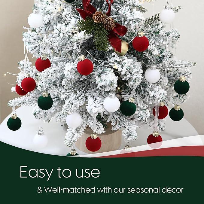 Sea Team 64-Pack Miniature Flocked Velvet Christmas Tree Ball Ornaments Set, Hanging Velour Baubles, Shatterproof Plastic Decorations for Xmas Tree, Wreath, Garland, 30mm/1.18 Inches, Elf