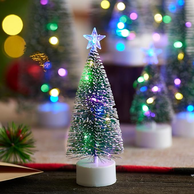JOYIN 8 Pcs Mini Xmas Decor with LED Lights, Prelit Classic Small Christmas Tree in 4 Sizes with Star Topper, Tabletop Artificial Tree with Snow for Xmas Indoor Home Decor Holiday Festive (Green)