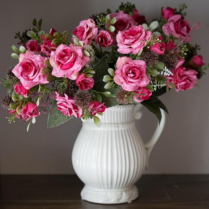 3 Bundles Fall Artificial Flowers Bouquet, Autumn Fake Roses Bouquet Faux Fall Floral Arrangements for Centerpiece Table Wedding Party Home Decor (Pink)