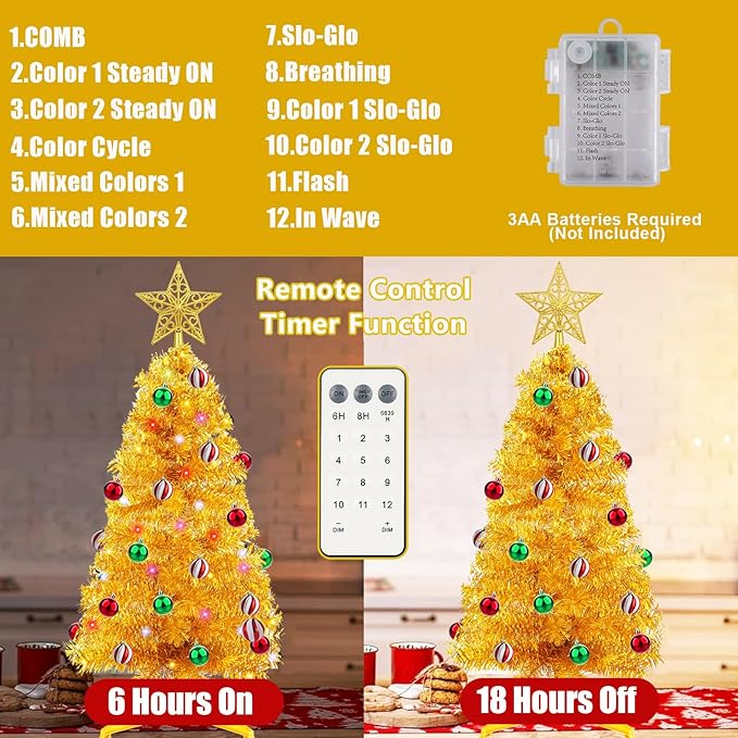 3 FT Small Artificial Christmas Tree with 50 Warm White & Multicolor Lights 15 Ball Ornaments Full Mini Xmas Tree for Tabletop Indoor Home Office Table Desk Holiday Decoration Gold