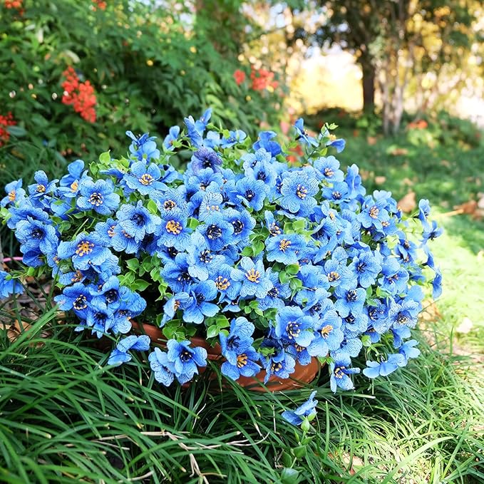 Artificial Faux Plants Flowers for Outdoor Outside Summer Decoration,16 Bundles UV Resistant Realistic Blue Plastic Fake Silk Daisy for Indoor Outside Greenery Boxwood Garden Home Planter Porch Patio