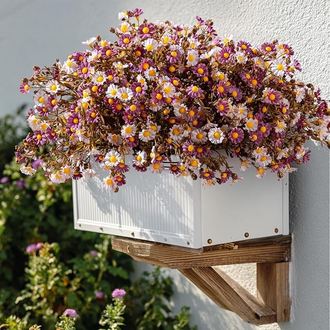 Artificial Daisy Flowers for Outdoor 16 Bundles Faux Daisy Flower UV Resistant No Fade Floral for Home Indoor Outside Garden Porch Window Box Balcony Yard Porch Fall Decor (Purple)