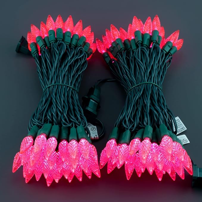 YULETIME Pink One-Piece C6 Strawberry Christmas Lights 140 Count 71 Feet, 2 Sets 70 LED 35.5 ft High Waterproof UL Certified String Light (Pink)