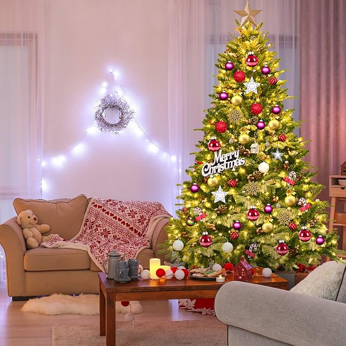 Happygrill 6.5FT Pre-lit Snow Flocked Christmas Tree Classic Natural Christmas Tree with 450 LED Lights Foldable Stand PVC PE Mixed Thick Leaves