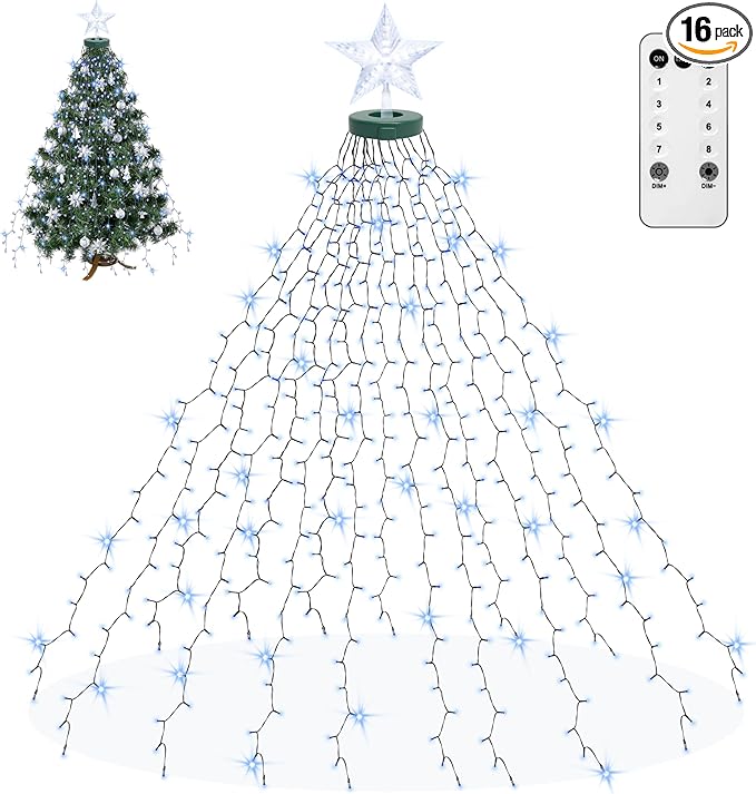 aneeway Christmas Tree Lights with Star Toppers, 410 LED Christmas Lights with 8 Modes & Memory Function, 6.6FT x 16 String Lights with Remote Control & Timing for Xmas Ornaments - Cold White