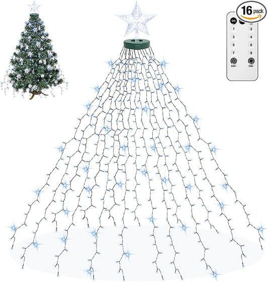 aneeway Christmas Tree Lights with Star Toppers, 410 LED Christmas Lights with 8 Modes & Memory Function, 6.6FT x 16 String Lights with Remote Control & Timing for Xmas Ornaments - Cold White