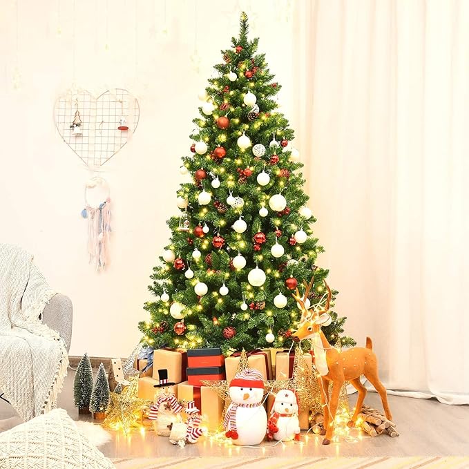 Happygrill 6.5 Feet Christmas Tree with Sturdy Metal Stand Artificial Xmas Tree with Pine Cones Red Berries