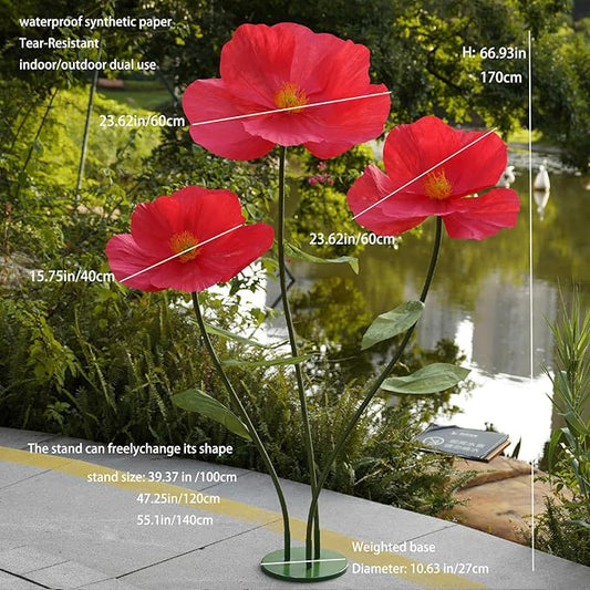 Large Paper Artificial Flowers,Giant Flowers for Decoration,Huge Handcrafted Poppy Fake Flowers with Stand for Home Decor Bridal Shower Party Outdoors Yard Event Backdrop Decor (red)