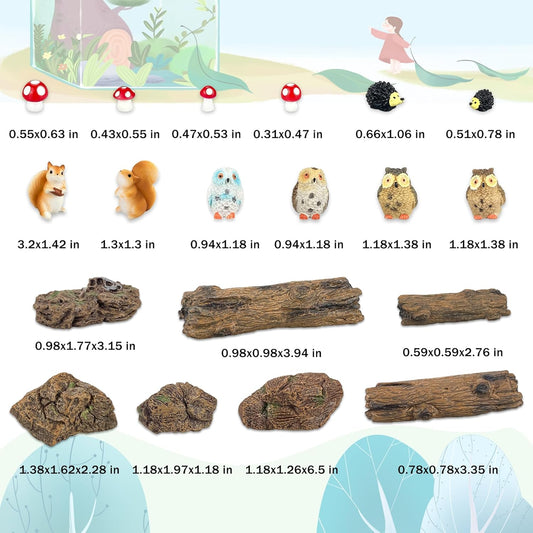 36 Pcs Fairy Garden Accessories, Mini Resin Animals Figures, Artificial Tree Stumps and Fake Stone Rocks, Moss Bonsai Micro Landscape Ornaments Kit, Miniature Garden Kit, Terrarium Ornaments DIY Craft