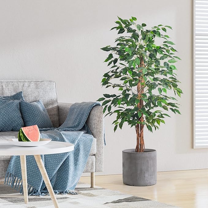 Artificial Ficus Tree 4FT Faux Silk Plants with Sturdy Plastic Nursery Pot,Fake Ficus Trees for Home Office Farmhouse Indoor Outdoor Decor Perfect Housewarming Gift (4FT-1Pack)
