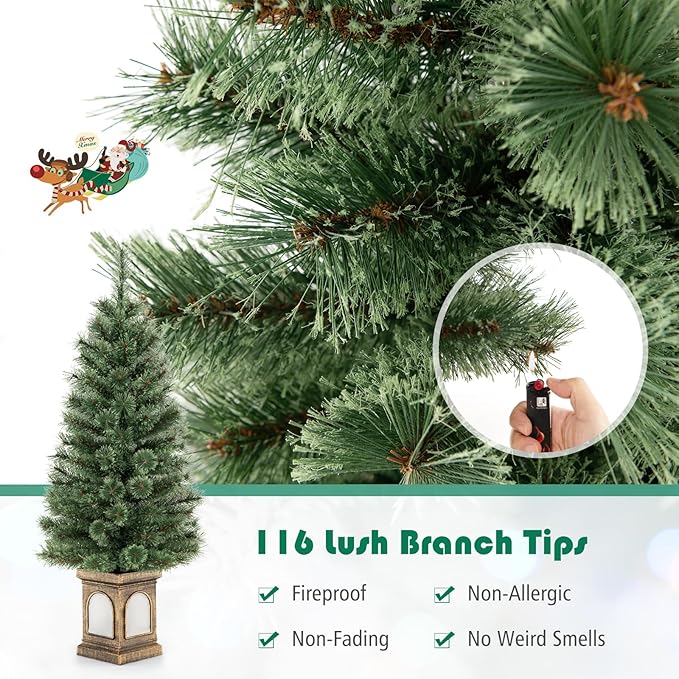 HAPPYGRILL 4 FT Pre-Lit Artificial Xmas Tree with Pine Needles, Christmas Entrance Tree with 116 Branch Tips, 100 LED Lights & Cement-Filled Base, Remote Control