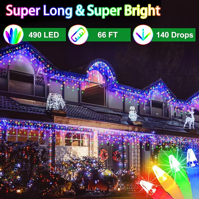 66ft LED Christmas Lights Outdoor with 140 Drops, Christmas Decorations Hanging Lights 490 LED 8 Lighting Modes, Outsite Fairy String Lights for House Xmas Wedding Party Holiday Decoration Multicolor