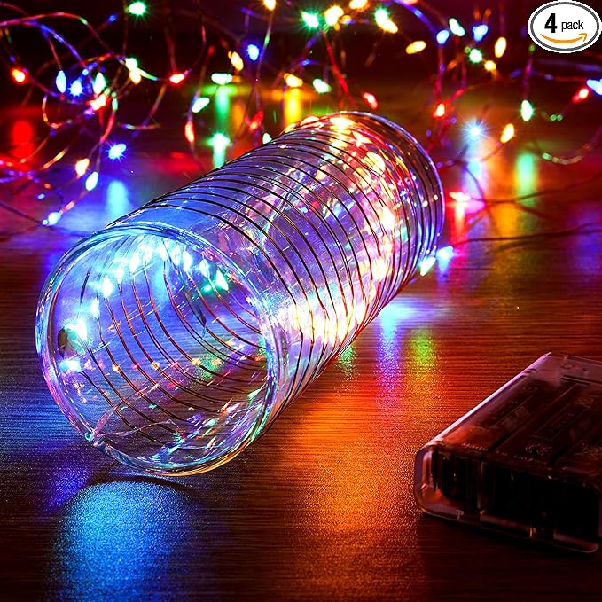 4 Pack 16.4ft Battery Operated String Lights with Timer, Multi Color with Synchronized Twinkle Mode, Fairy Lights Battery Powered, 50 LED, Idea for Christmas Bedroom Party Wedding