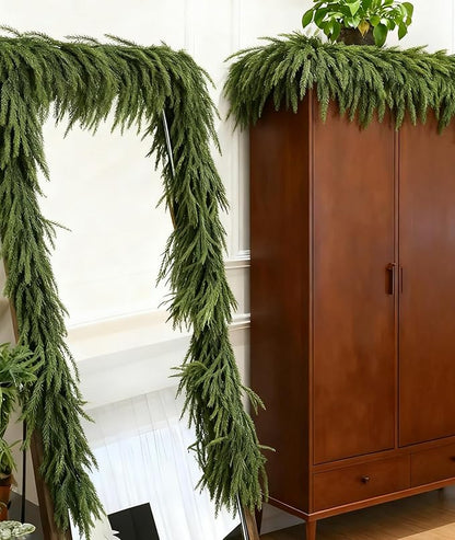 Christmas Garlands Norfolk Pine Garland Real Touch Artificial Faux Greenery Garland for Holiday Table Mantle Wall Indoor Outdoor Decor (9FT)