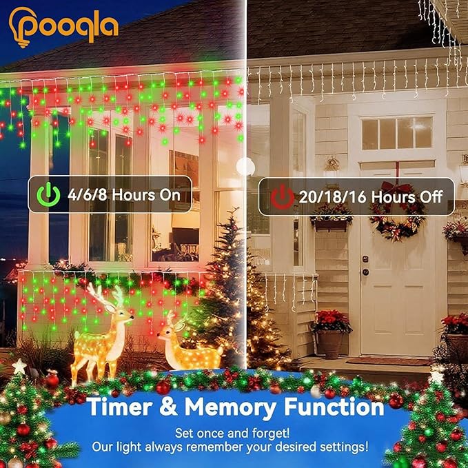 Pooqla Color Changing Icicle Lights with Remote, 34 Colors Christmas Outdoor Decoration, 165 LED 26.2 FT RGB Waterproof Hanging String Lights for Roof Window Home Party Thanksgiving Christmas Decor