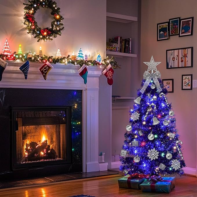 3 Ft Small Christmas Tree Hanukkah Decor with Timer Remote, 8 Modes 50 Warm White&Colorful Change Lights, 3D Star&44 Ornaments, Battery Operated, Mini Christmas Tree Table Indoor Holiday Party Decor