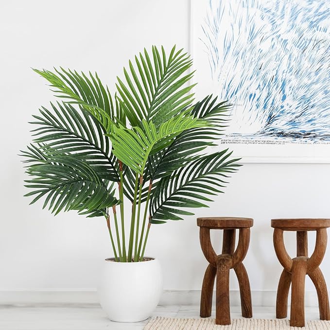 Fake Palm Trees 4 Ft Artificial Tropical Silk Plant-Tall Faux Faux Areca Palm Plants,Tall Artificial Plants Indoors and Outdoors in Pot