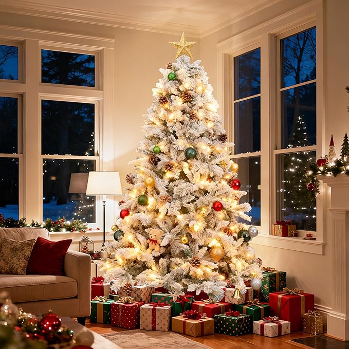 7ft Pre-lit Christmas Tree with Double-Sided Five-Fork PE & PVC Needles, Dense Realistic Pine Design, Easy Assembly Holiday Decoration Tree