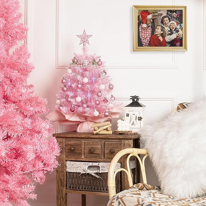 XmasExp 20in Mini Christmas Tree with Lights Pink Small Christmas Tree Artificial Tabletop Xmas Decor Holiday Decoration for Home, Office, Party