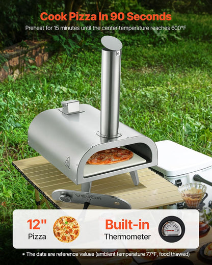 VEVOR Pizza Oven Outdoor, 12" Pellet Pizza Oven, Portable Pizza-Stove with Built-in Thermometer, Wood Fired Stainless Steel Pizza-Maker, for Backyard, Camping, Pizza-Stone, Shovel, Carry Bag, Silver