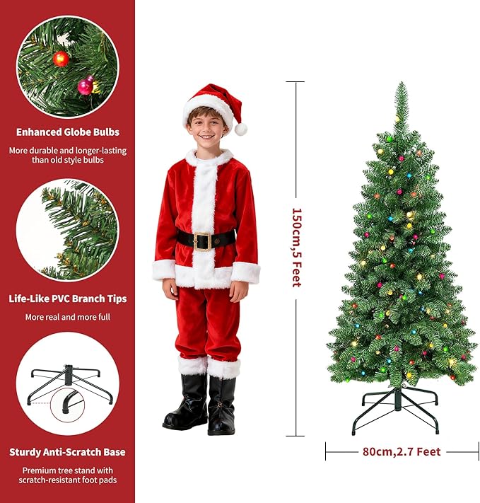 5FT Christmas Tree LED Bulbs Pre-Lit, Premium Artificial Christmas Tree with Lights, Decorated Xmas Tree with Tripod Stands for Indoor Home Office Party Holiday Decoration, ETL Listed