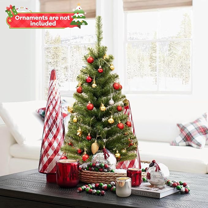 HAPPYGRILL 3 FT Unlit Green Christmas Tree Set of 2, Artificial Tabletop Christmas Tree with Stand, Xmas Tree for Home Office Festival Decoration